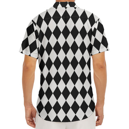 Black And White Harlequin Pattern Print Men's Deep V-Neck Shirt