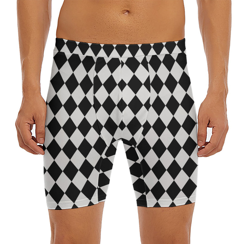 Black And White Harlequin Pattern Print Men's Long Boxer Briefs