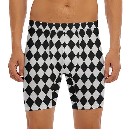 Black And White Harlequin Pattern Print Men's Long Boxer Briefs