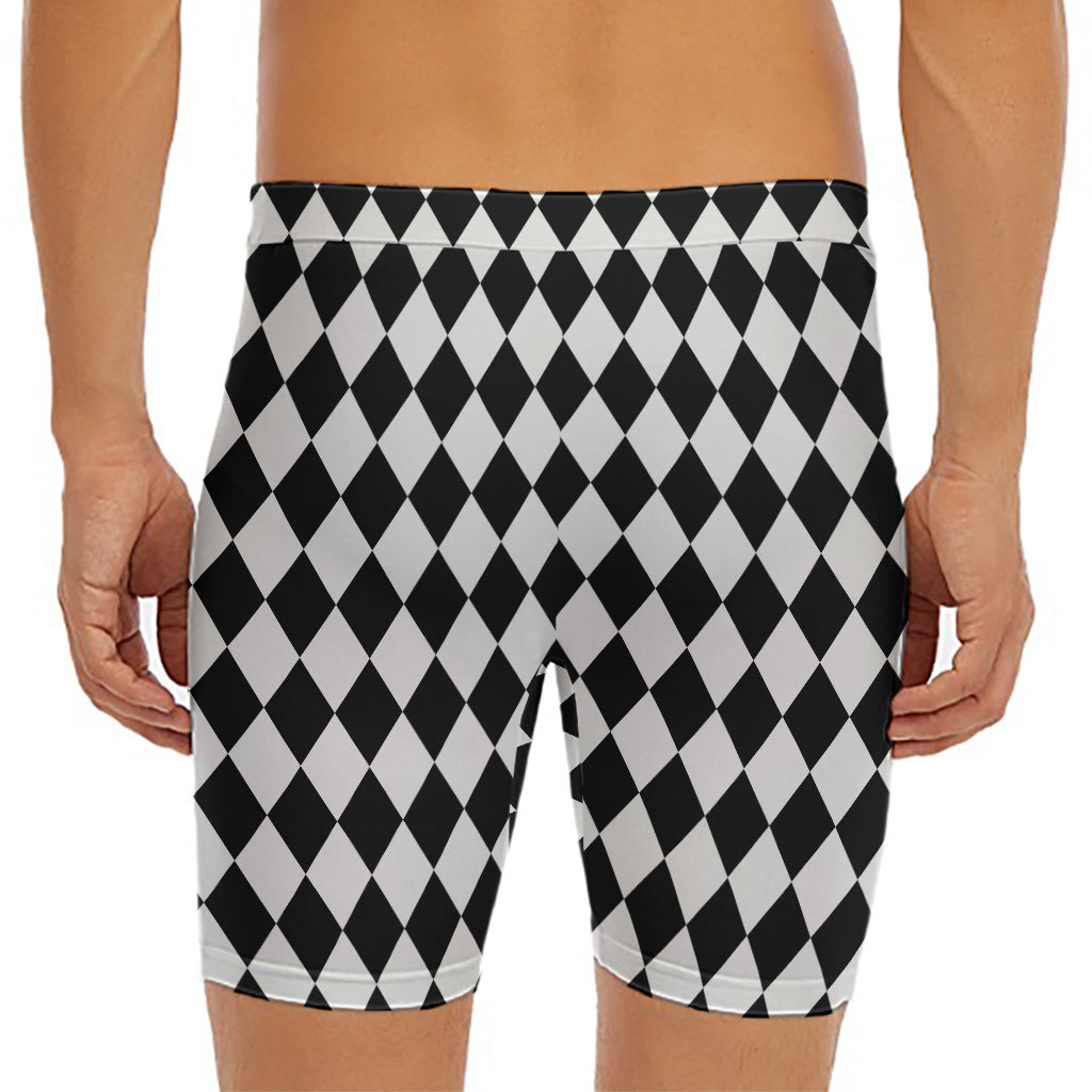 Black And White Harlequin Pattern Print Men's Long Boxer Briefs