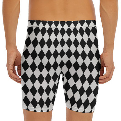 Black And White Harlequin Pattern Print Men's Long Boxer Briefs