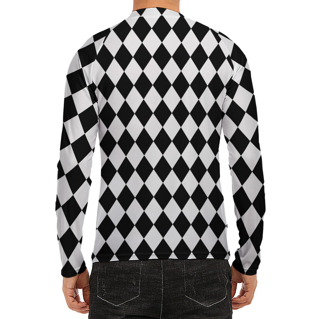 Black And White Harlequin Pattern Print Men's Long Sleeve Rash Guard
