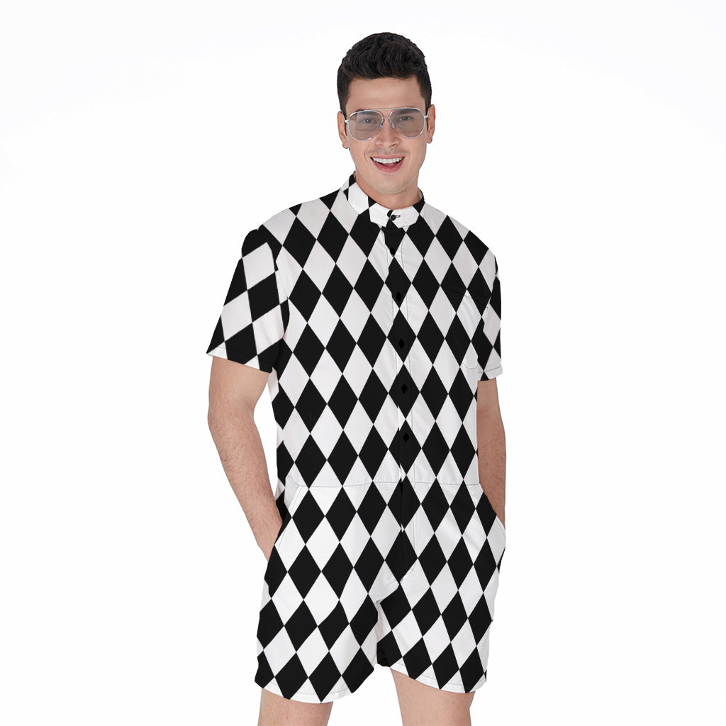 Black And White Harlequin Pattern Print Men's Rompers