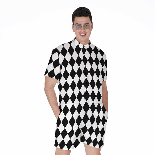 Black And White Harlequin Pattern Print Men's Rompers