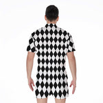 Black And White Harlequin Pattern Print Men's Rompers
