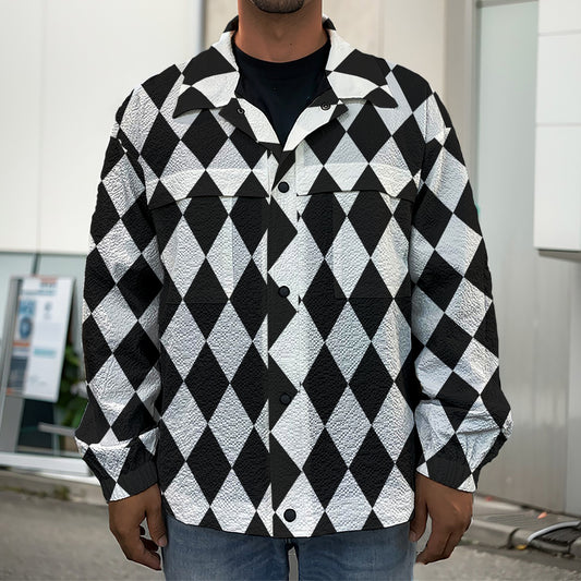 Black And White Harlequin Pattern Print Men's Shirt Jacket