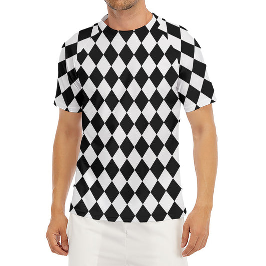 Black And White Harlequin Pattern Print Men's Short Sleeve Rash Guard