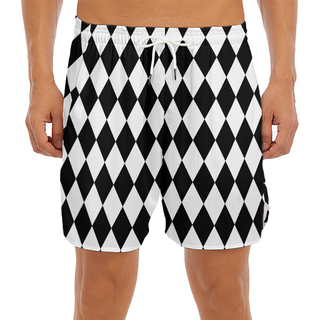 Black And White Harlequin Pattern Print Men's Split Running Shorts