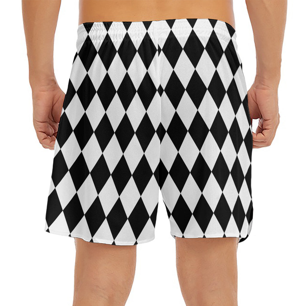 Black And White Harlequin Pattern Print Men's Split Running Shorts