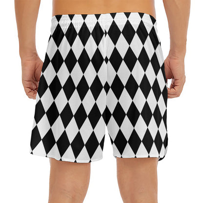 Black And White Harlequin Pattern Print Men's Split Running Shorts