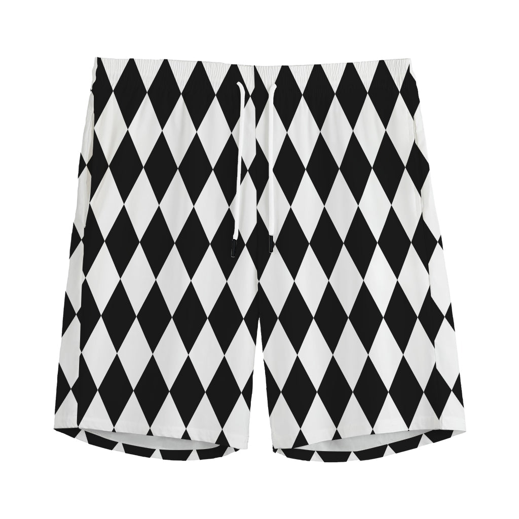 Black And White Harlequin Pattern Print Men's Sports Shorts