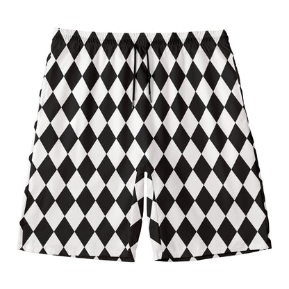 Black And White Harlequin Pattern Print Men's Swim Trunks