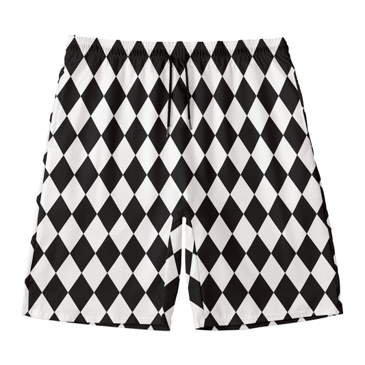 Black And White Harlequin Pattern Print Men's Swim Trunks