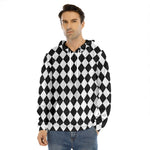 Black And White Harlequin Pattern Print Men's Velvet Pullover Hoodie