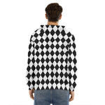 Black And White Harlequin Pattern Print Men's Velvet Pullover Hoodie