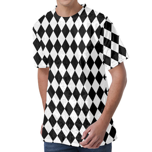 Black And White Harlequin Pattern Print Men's Velvet T-Shirt
