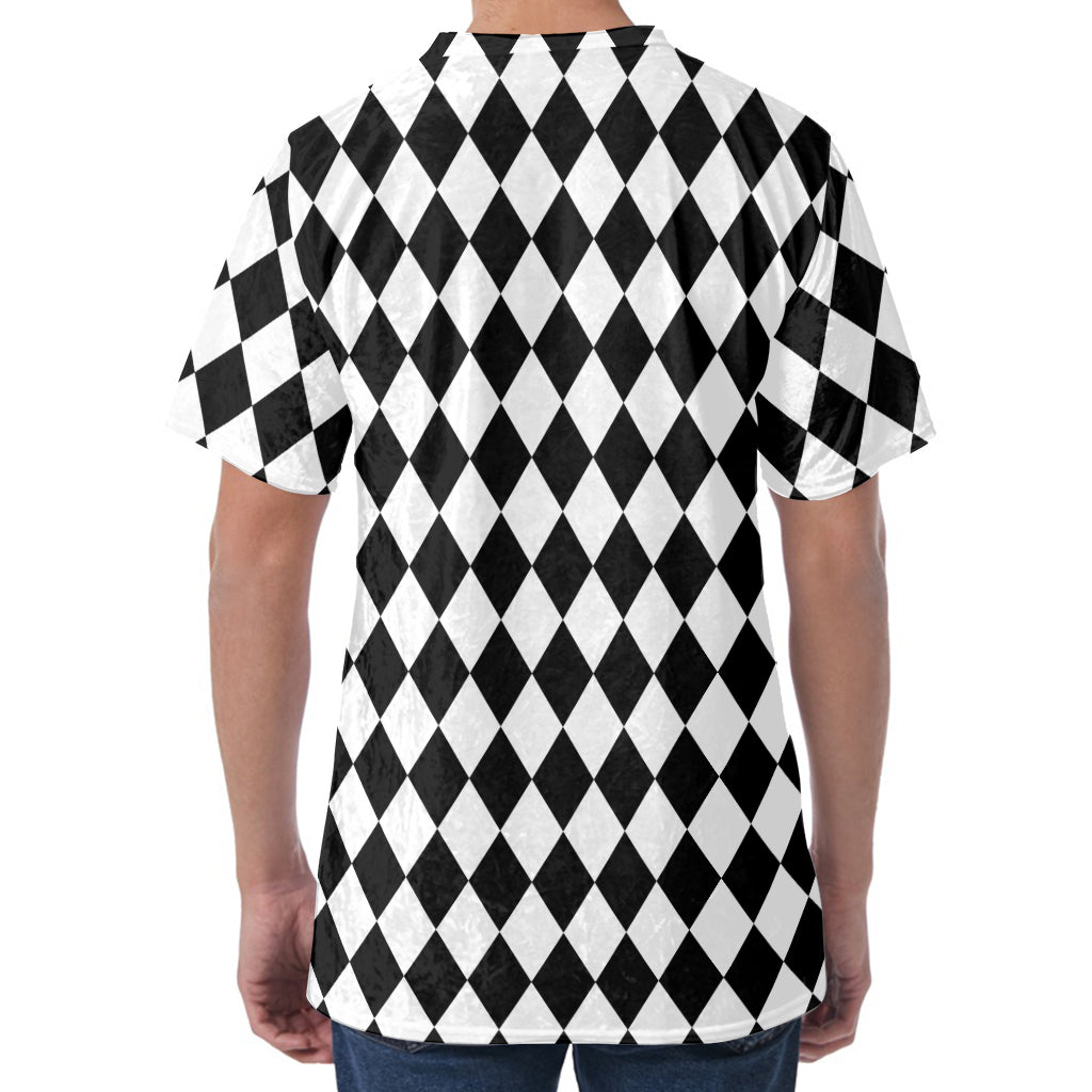 Black And White Harlequin Pattern Print Men's Velvet T-Shirt