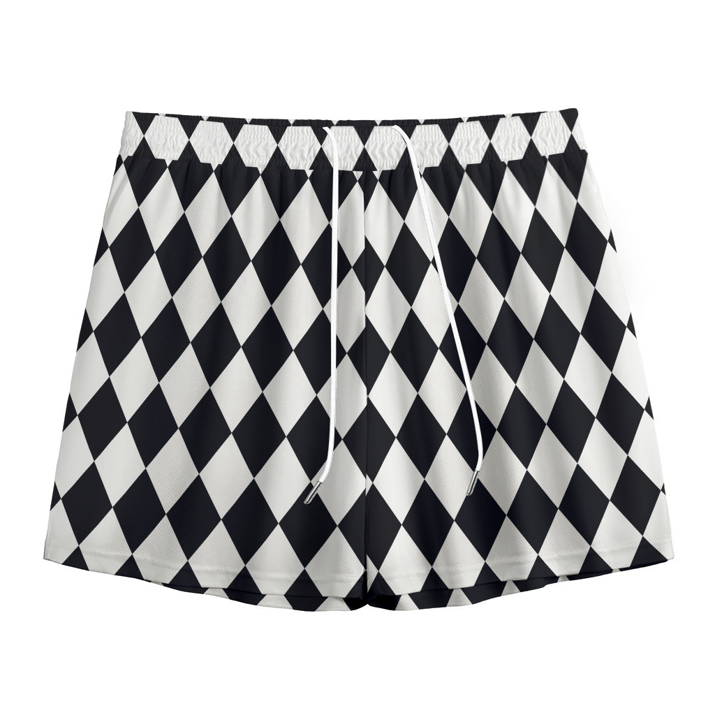 Black And White Harlequin Pattern Print Mesh Shorts