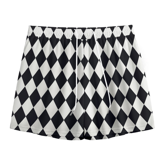 Black And White Harlequin Pattern Print Mesh Shorts
