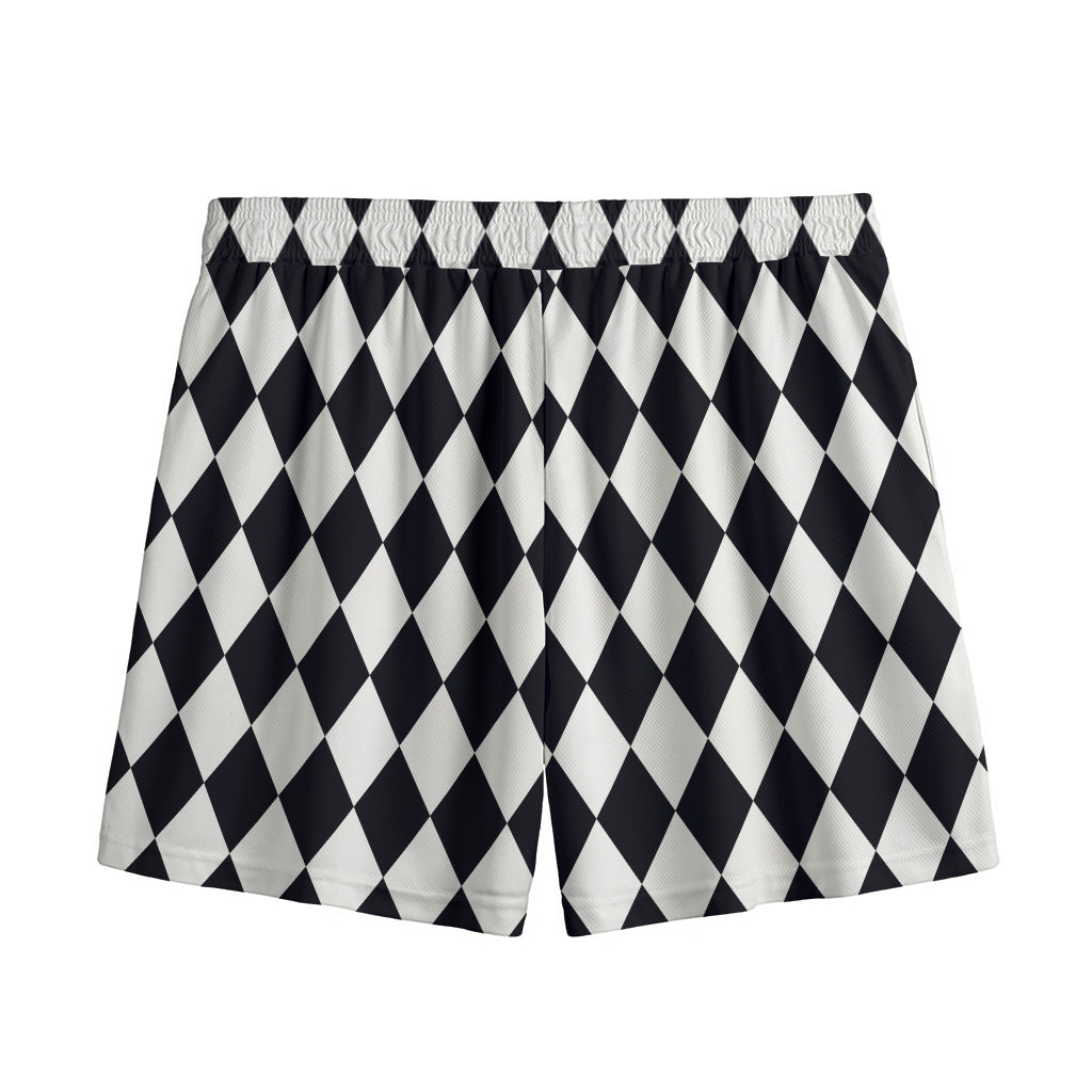 Black And White Harlequin Pattern Print Mesh Shorts
