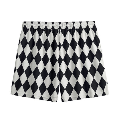 Black And White Harlequin Pattern Print Mesh Shorts