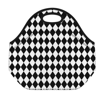 Black And White Harlequin Pattern Print Neoprene Lunch Bag