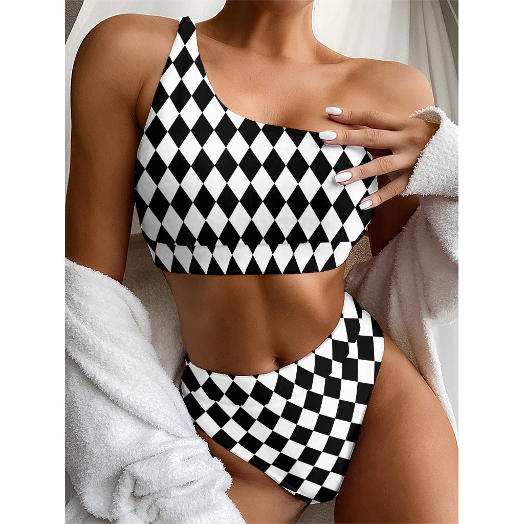 Black And White Harlequin Pattern Print One Shoulder Bikini Top