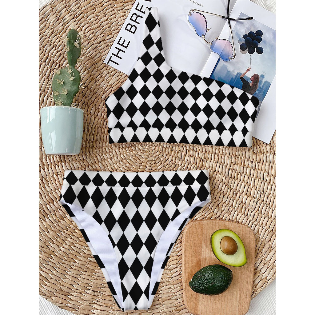 Black And White Harlequin Pattern Print One Shoulder Bikini Top