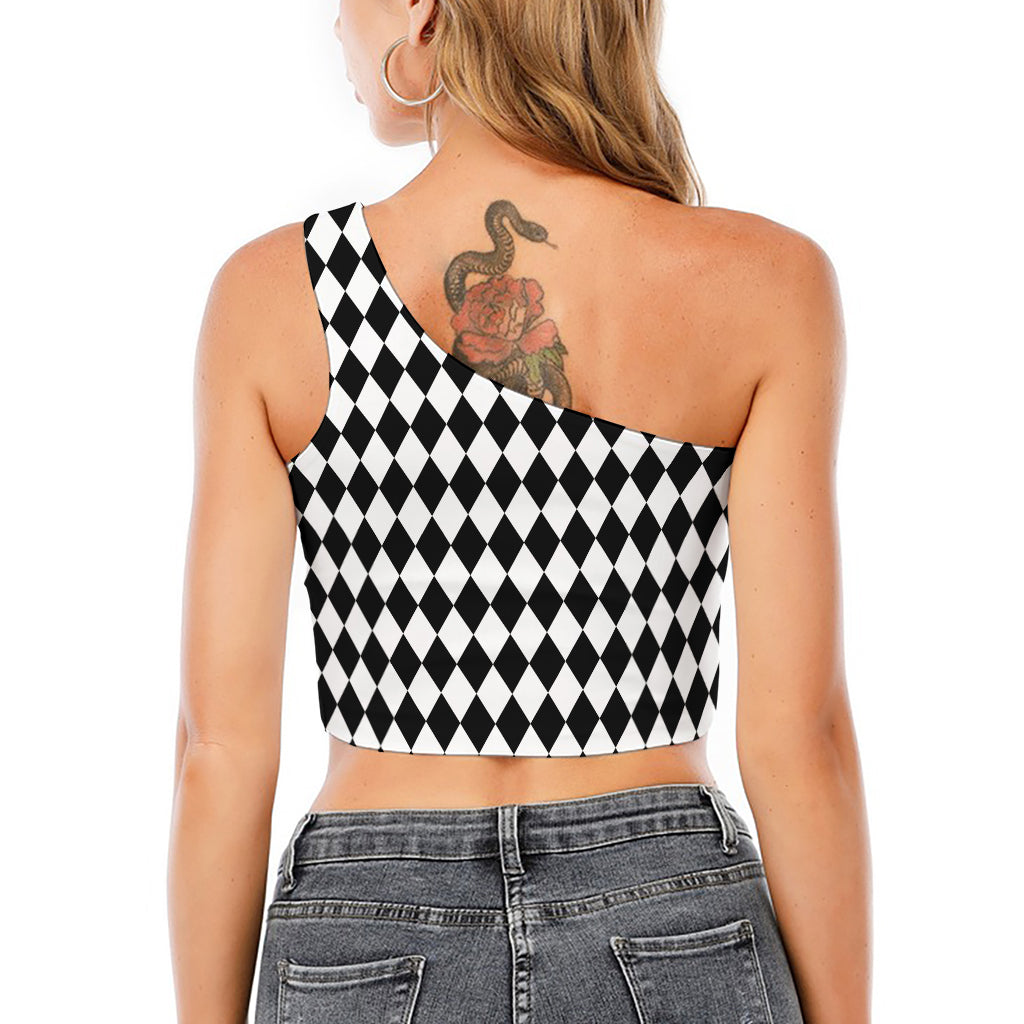 Black And White Harlequin Pattern Print One Shoulder Crop Top