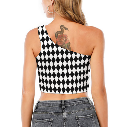 Black And White Harlequin Pattern Print One Shoulder Crop Top