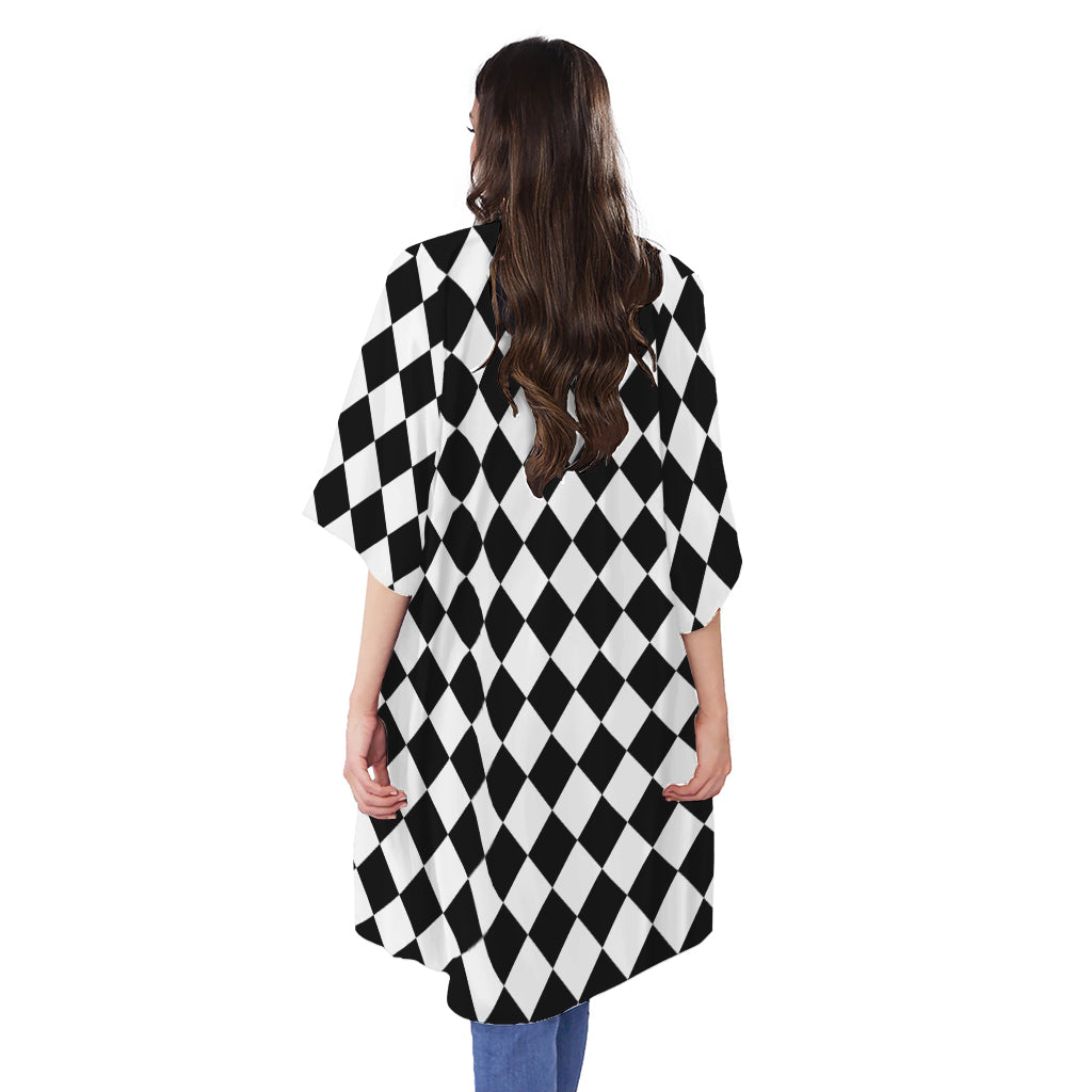 Black And White Harlequin Pattern Print Open Front Beach Cover Up