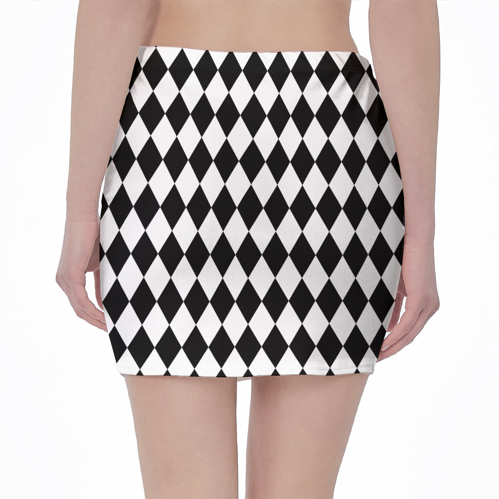Black And White Harlequin Pattern Print Pencil Mini Skirt
