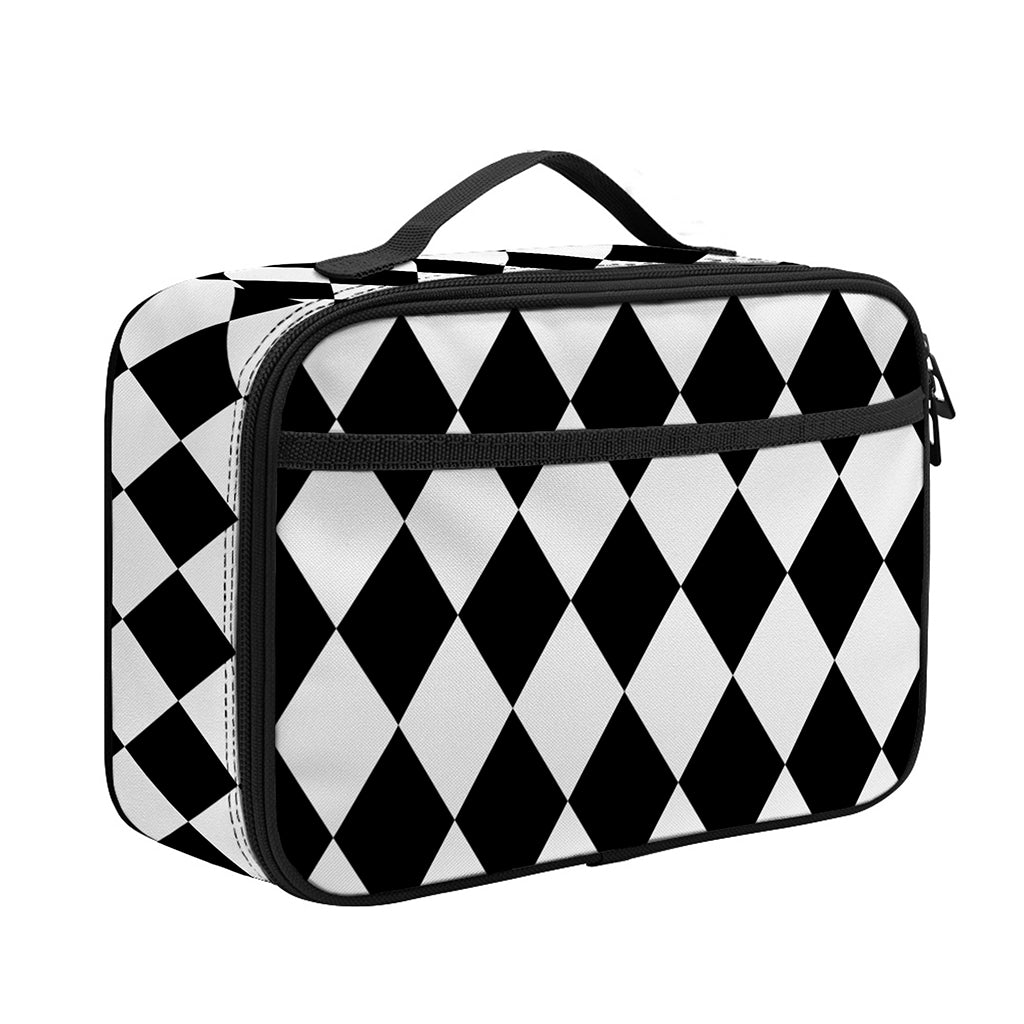 Black And White Harlequin Pattern Print Portable Lunch Bag