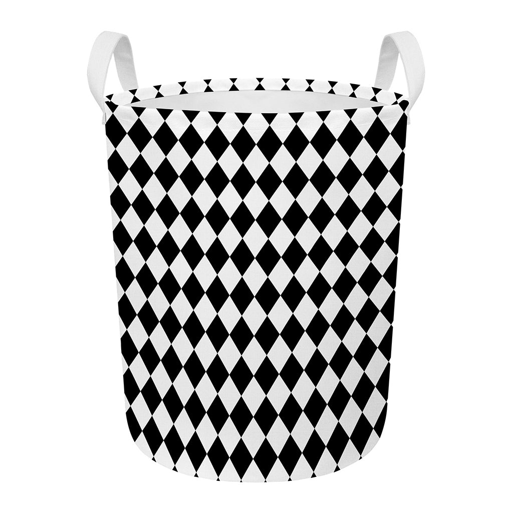 Black And White Harlequin Pattern Print Round Laundry Basket