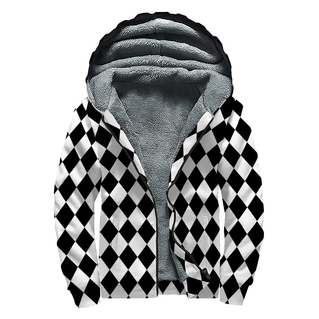 Black And White Harlequin Pattern Print Sherpa Lined Zip Up Hoodie