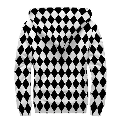 Black And White Harlequin Pattern Print Sherpa Lined Zip Up Hoodie