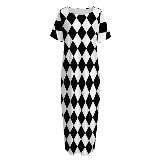 Black And White Harlequin Pattern Print Short Sleeve Long Nightdress