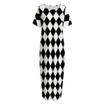 Black And White Harlequin Pattern Print Short Sleeve Long Nightdress
