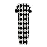 Black And White Harlequin Pattern Print Short Sleeve Long Nightdress