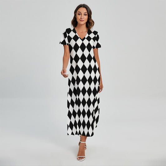 Black And White Harlequin Pattern Print Short Sleeve Maxi Dress
