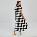 Black And White Harlequin Pattern Print Short Sleeve Maxi Dress