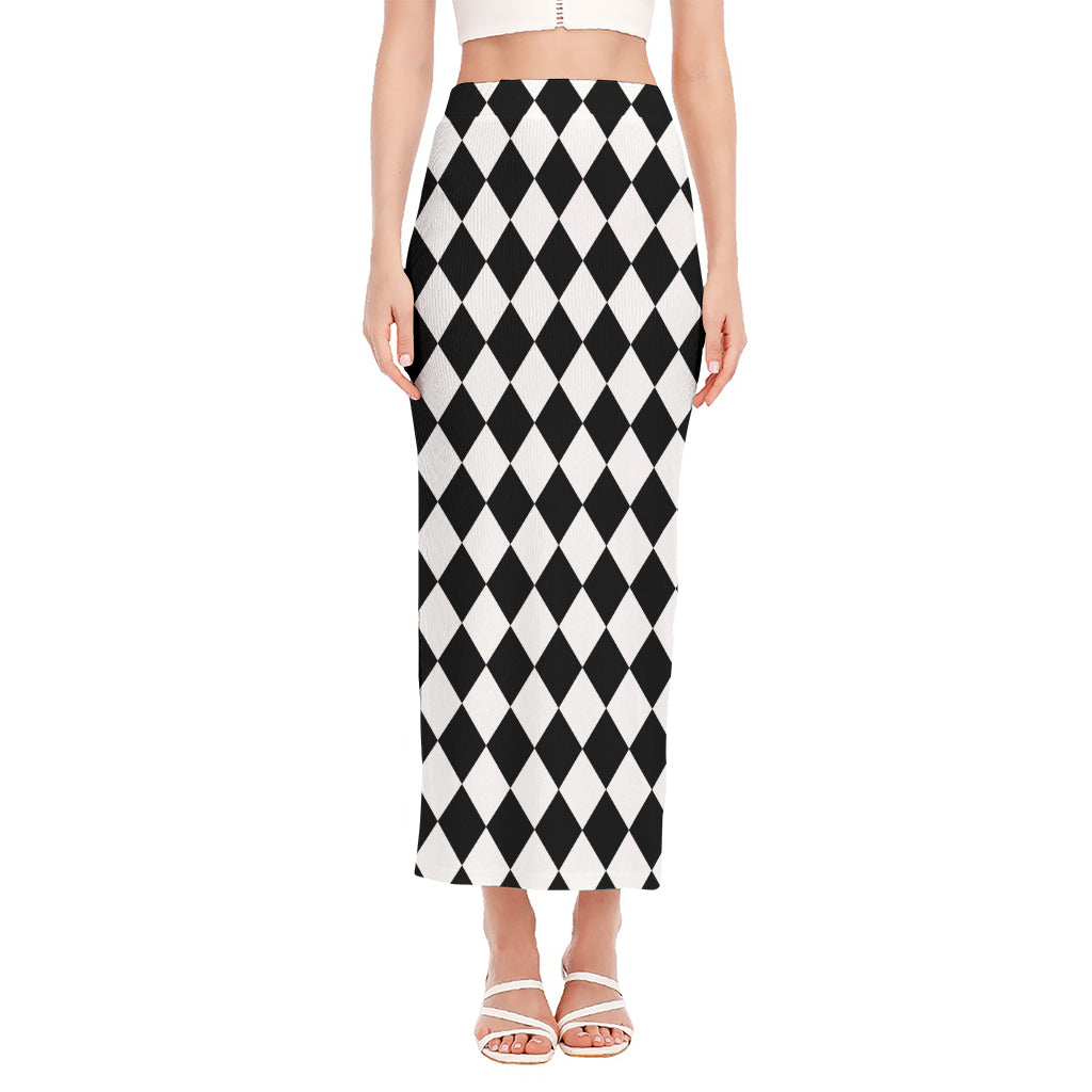 Black And White Harlequin Pattern Print Side Slit Maxi Skirt
