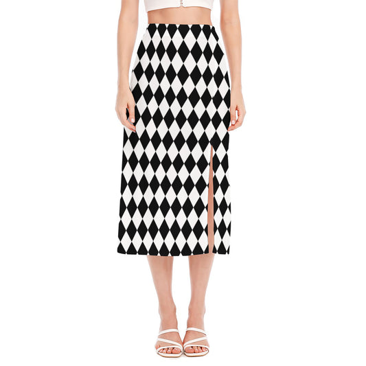 Black And White Harlequin Pattern Print Side Slit Midi Skirt