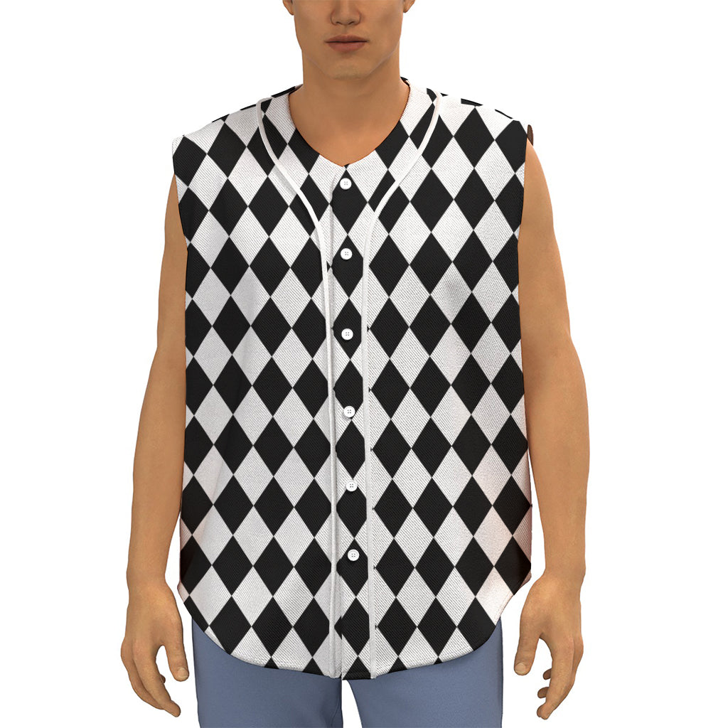 Black And White Harlequin Pattern Print Sleeveless Baseball Jersey
