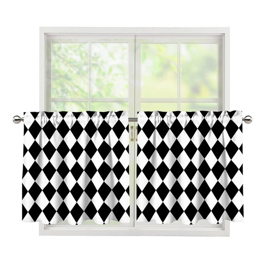 Black And White Harlequin Pattern Print Tier Curtains