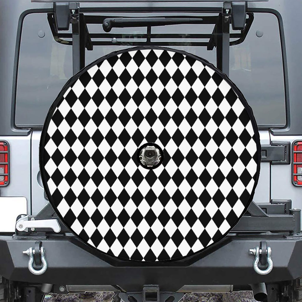 Black And White Harlequin Pattern Print Tire Cover With Camera Hole