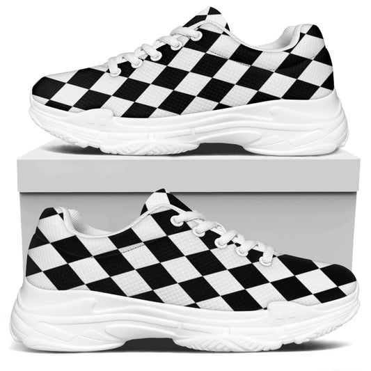 Black And White Harlequin Pattern Print White Chunky Shoes