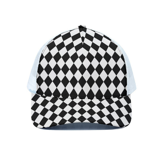 Black And White Harlequin Pattern Print White Mesh Trucker Cap