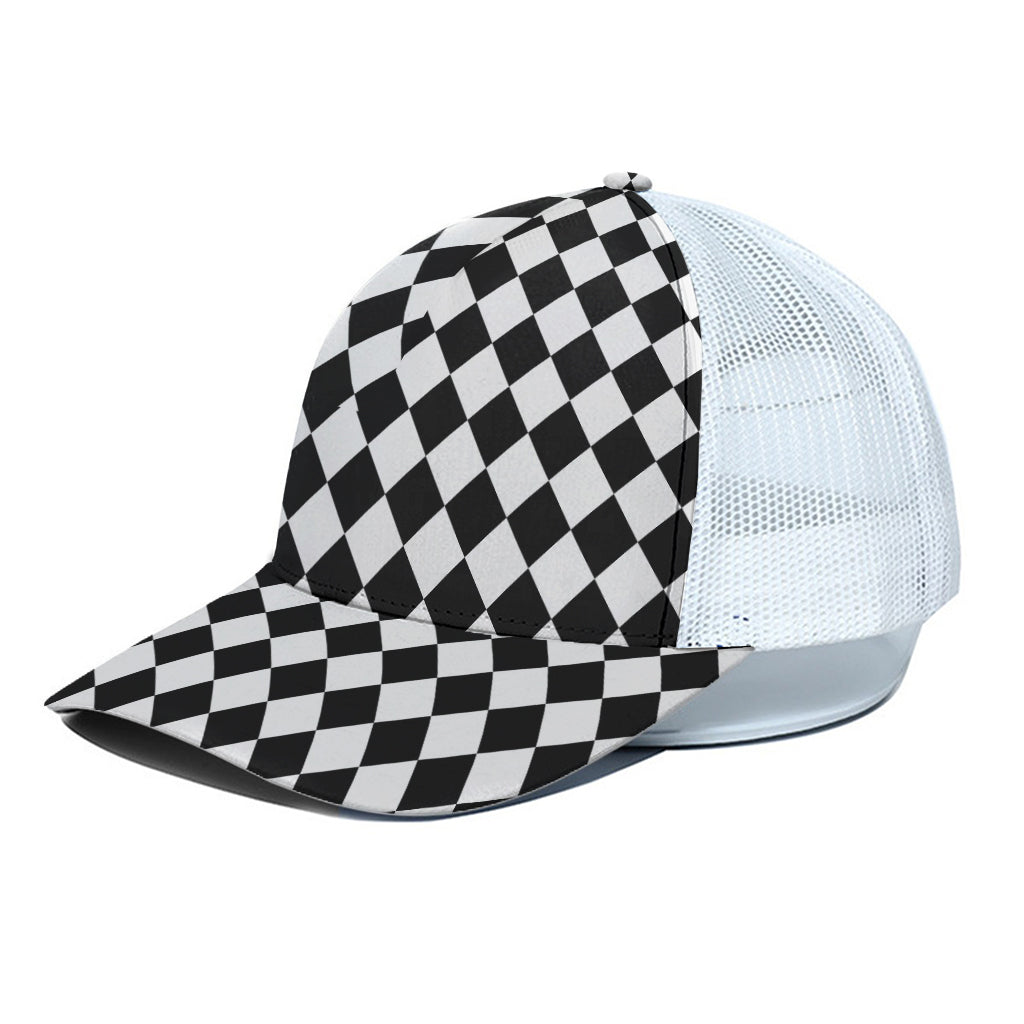 Black And White Harlequin Pattern Print White Mesh Trucker Cap