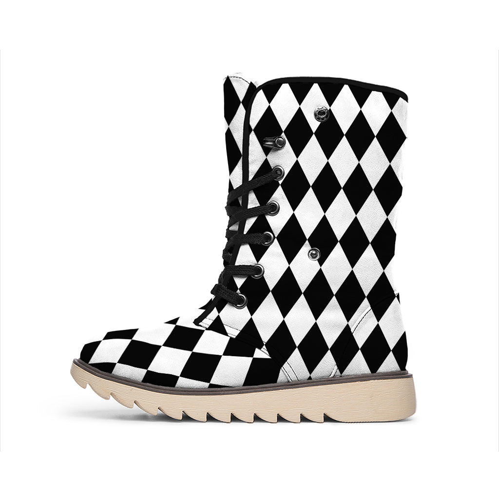 Black And White Harlequin Pattern Print Winter Boots